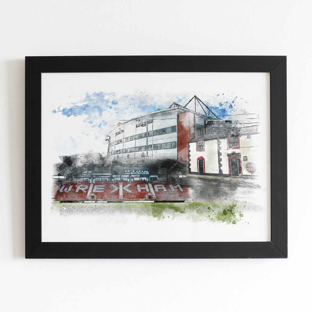 Wrexham AFC Stadium Watercolour Illustrated Poster | Racecourse Ground | The Turf Pub