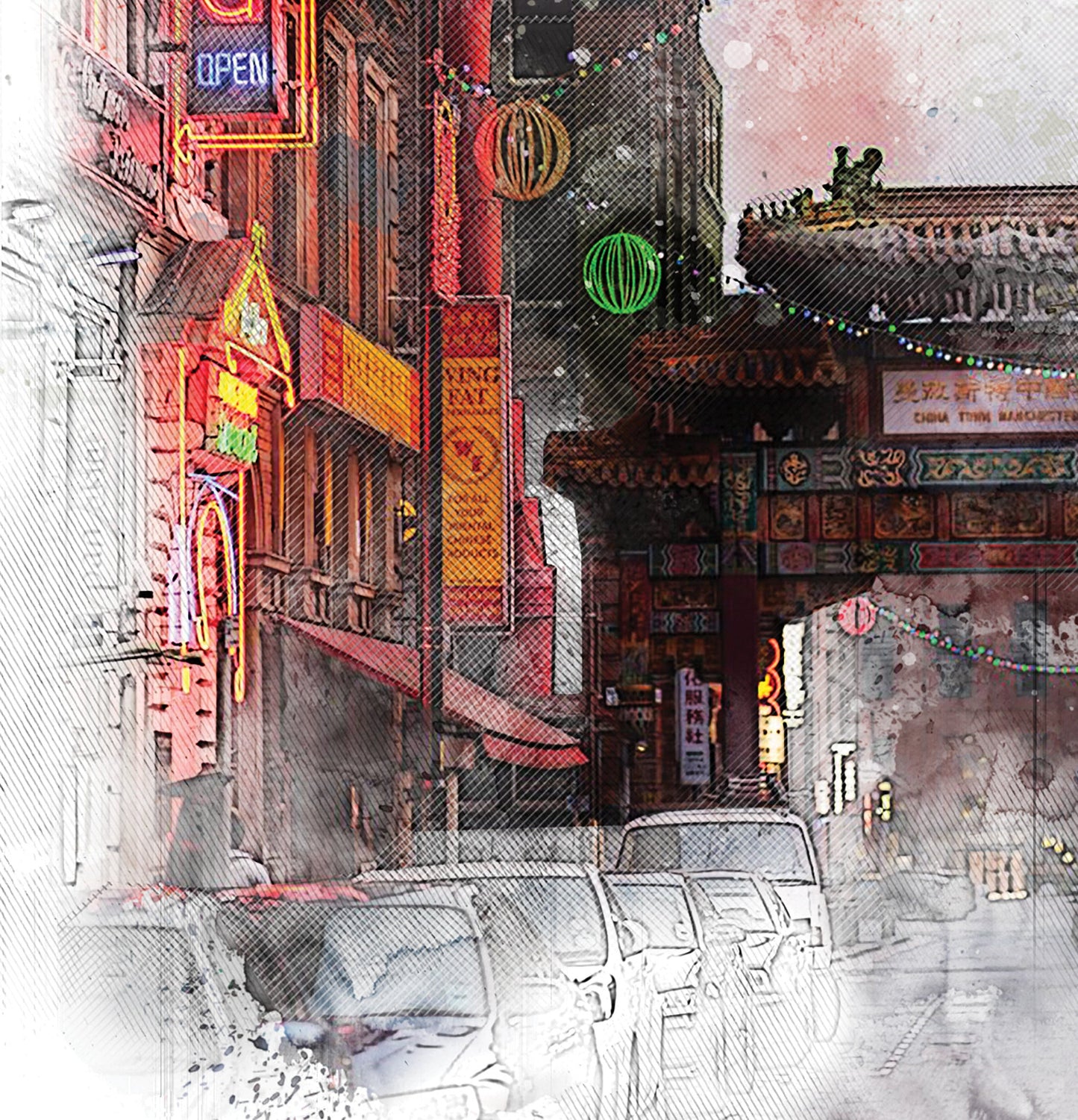 China Town Manchester Poster Watercolour Style Illustrated Print
