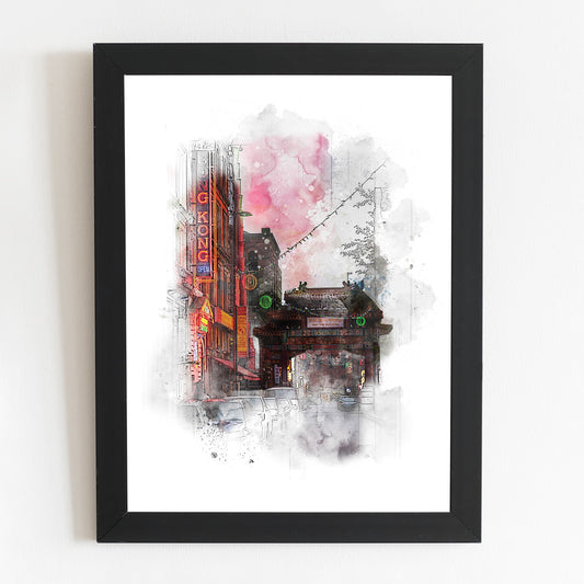 China Town Manchester Poster Watercolour Style Illustrated Print