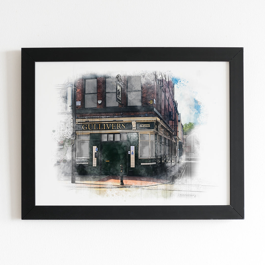 Gullivers Pub Manchester Art Prints Watercolour Style Illustrated Poster