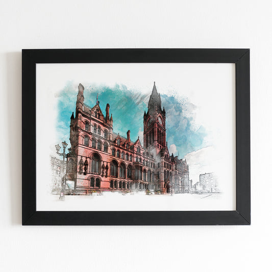 Manchester Town Hall Watercolour Style Illustrated Poster
