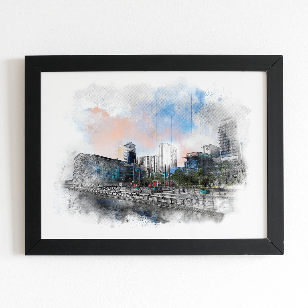 Salford Quays Media City Watercolour Style Illustrated Poster