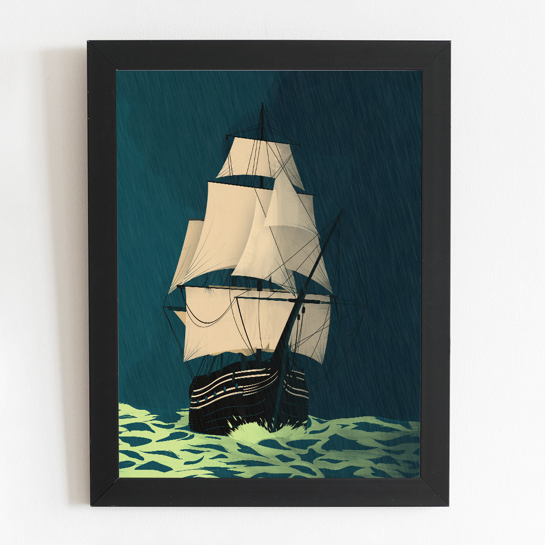 Stormy Ocean Night Sailing Illustration Minimal Illustrated Poster