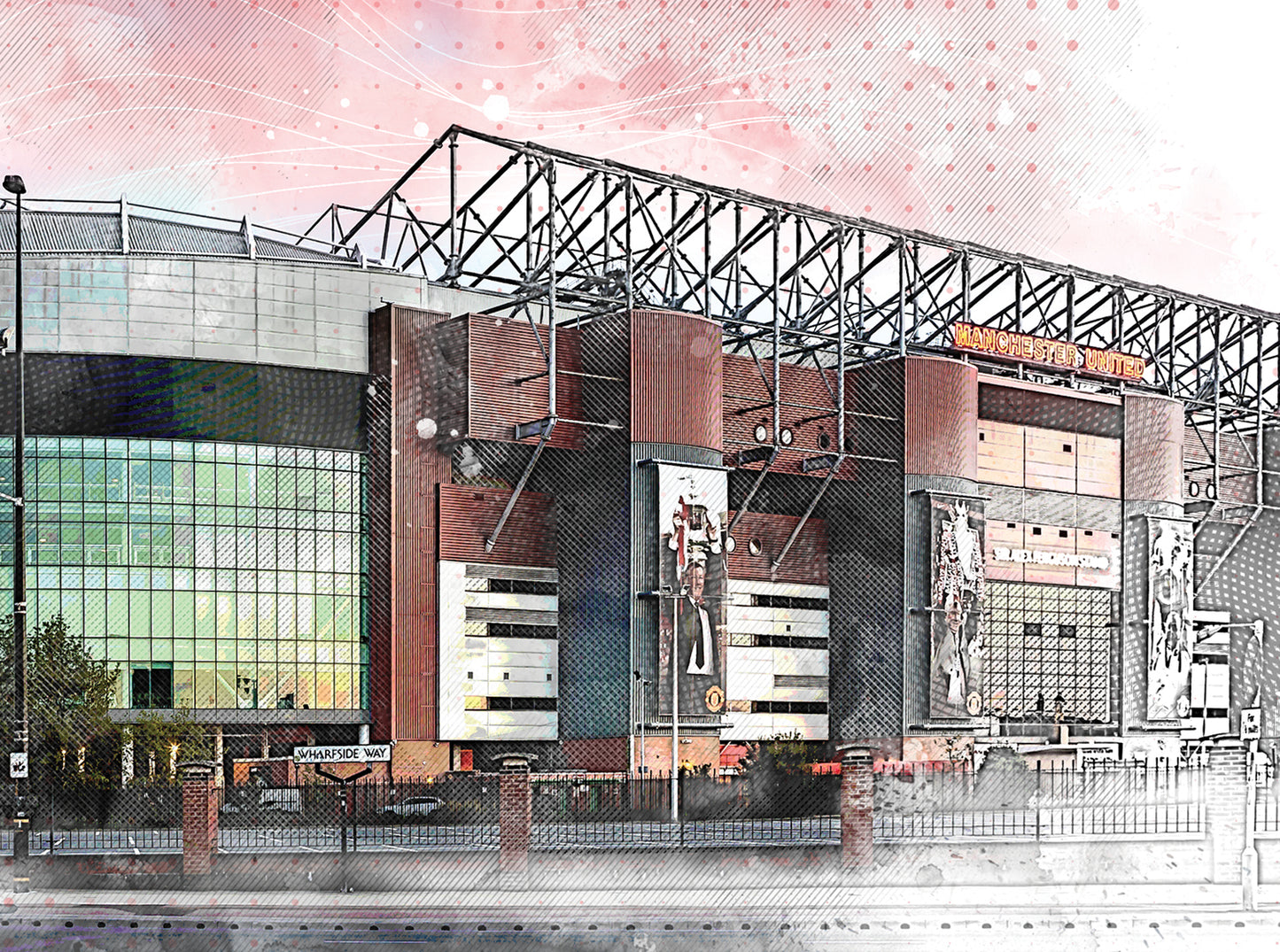 Old Trafford Manchester United Stadium Watercolour Style Illustrated Poster