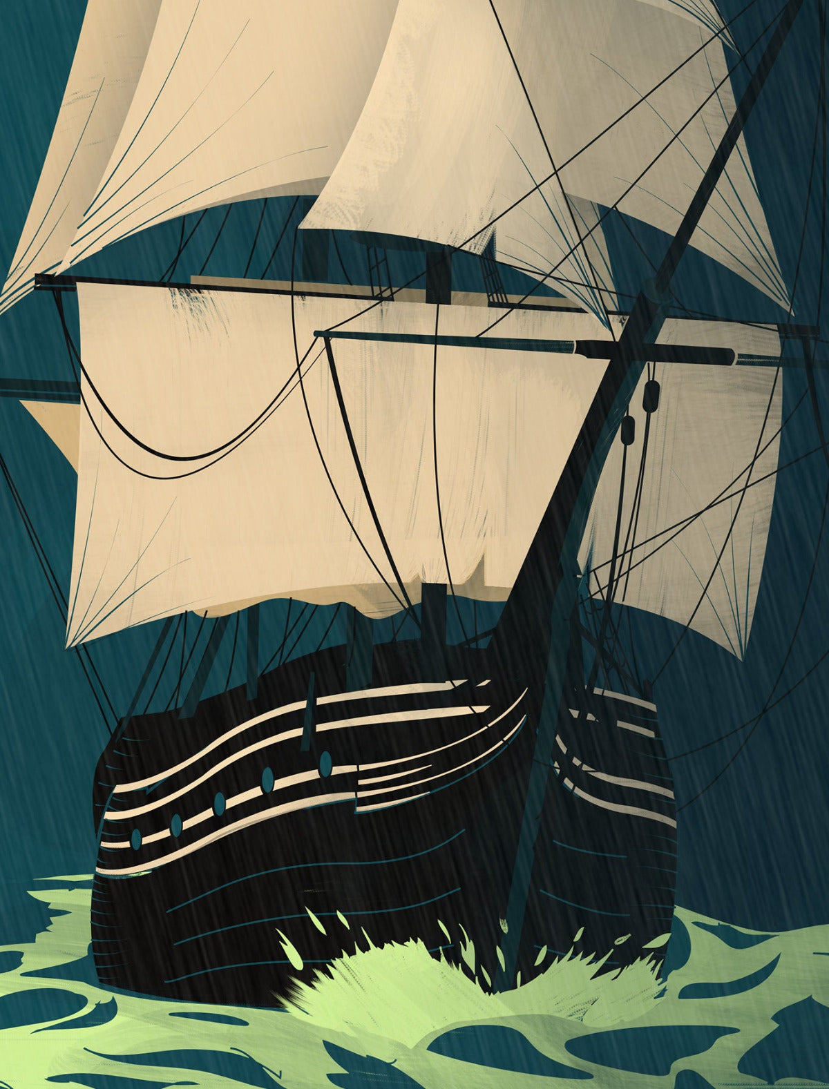 Stormy Ocean Night Sailing Illustration Minimal Illustrated Poster