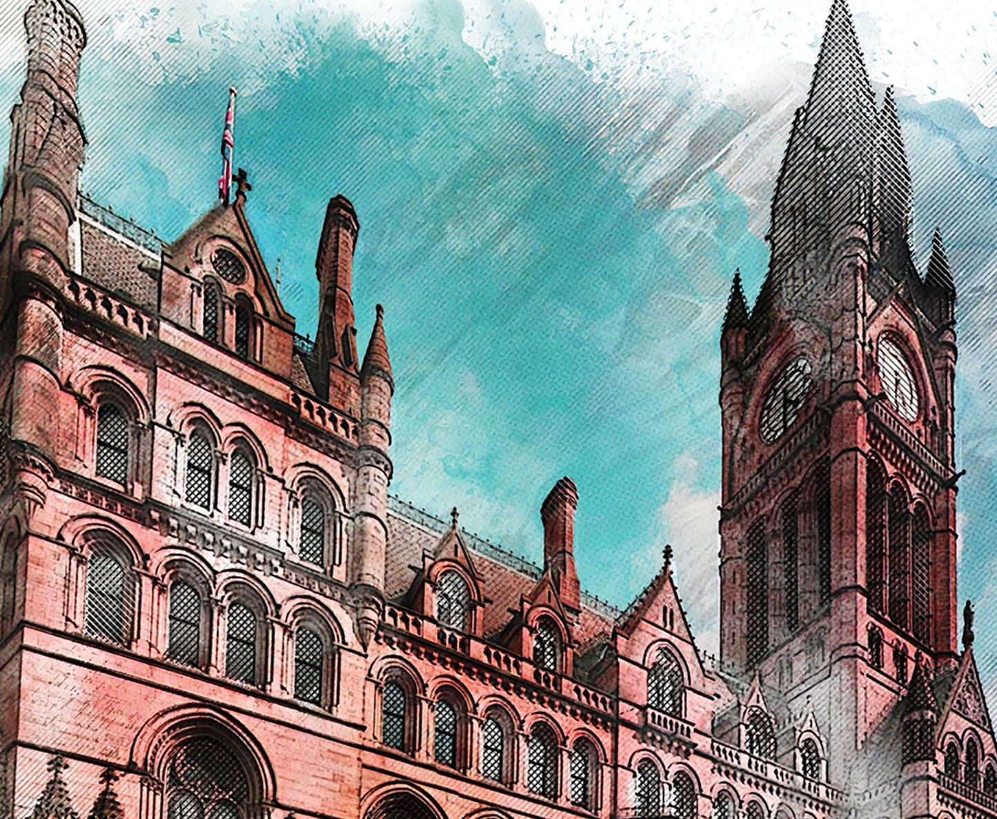 Manchester Town Hall Watercolour Style Illustrated Poster