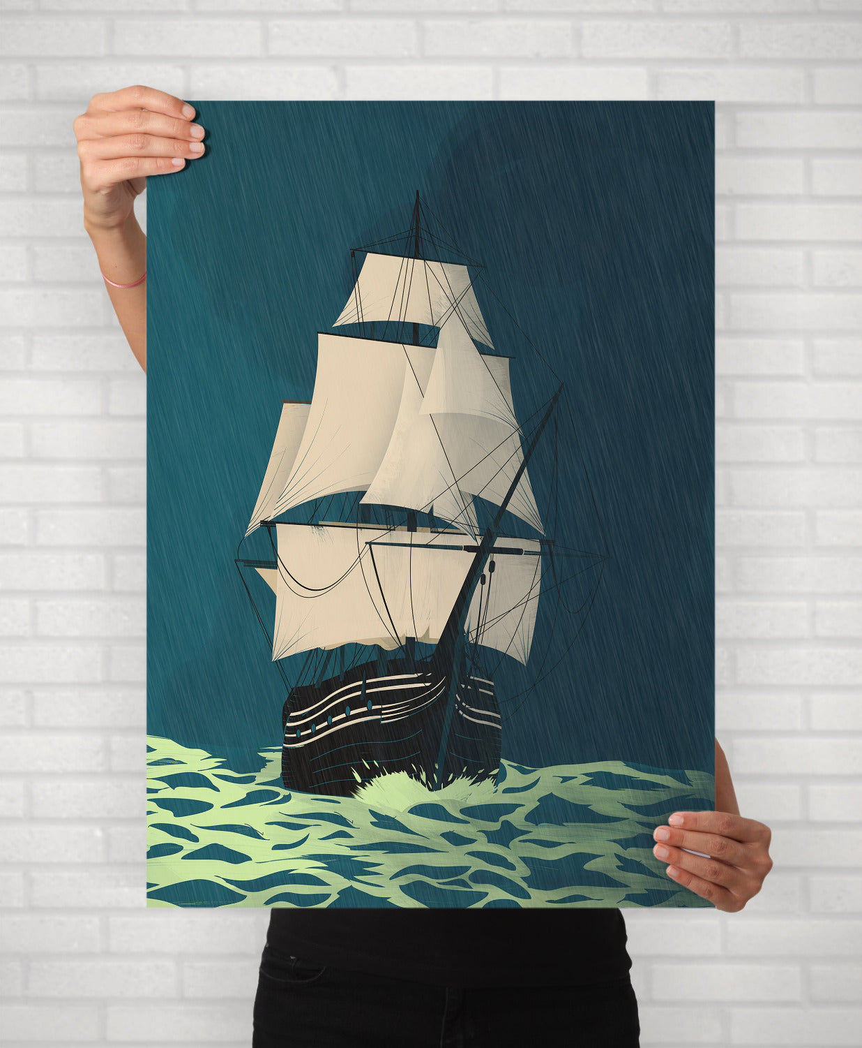 Stormy Ocean Night Sailing Illustration Minimal Illustrated Poster