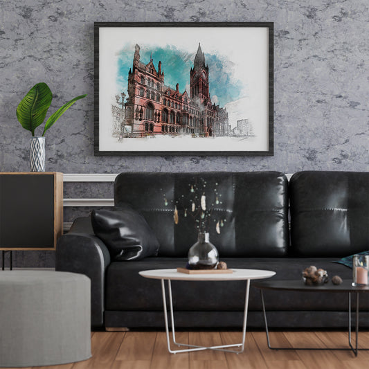 Manchester Town Hall Watercolour Style Illustrated Poster